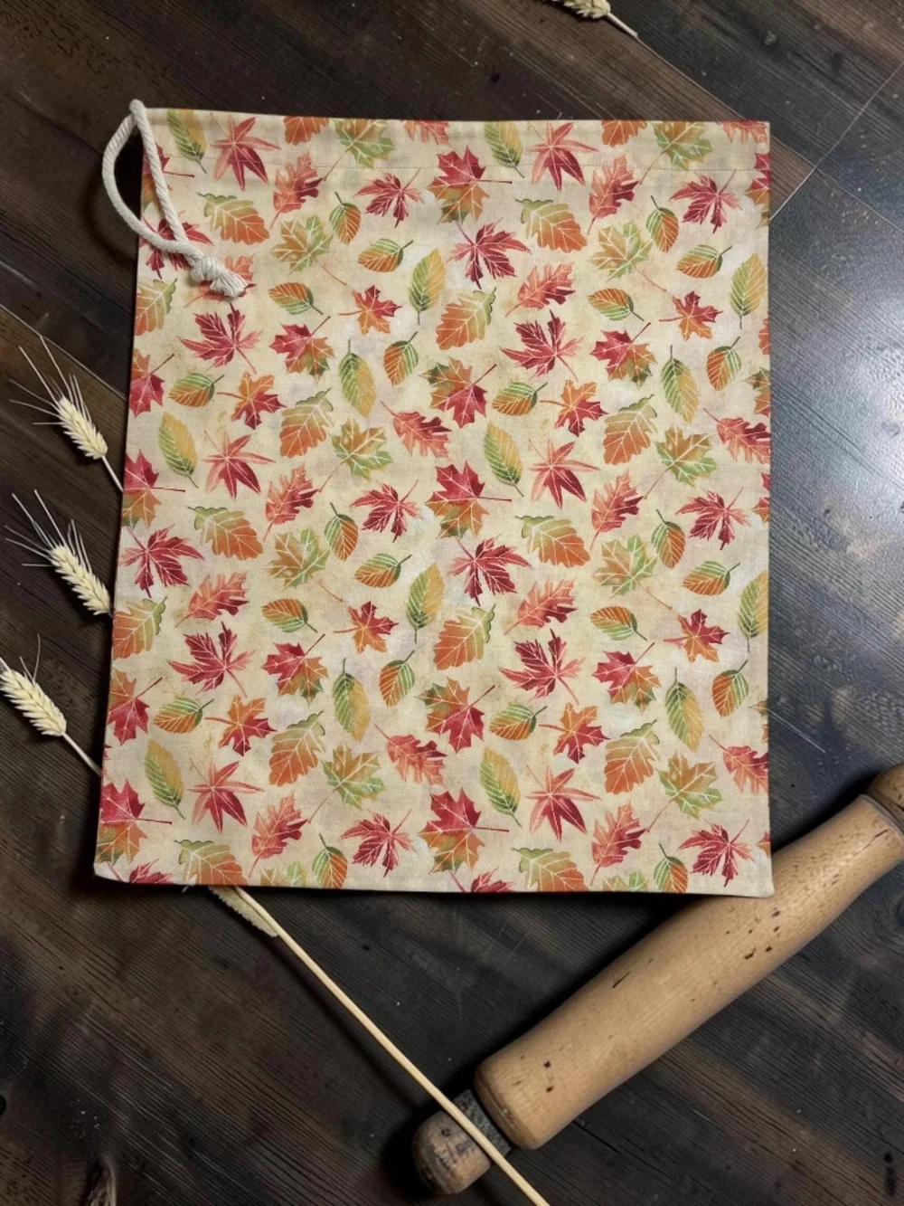 Fall Leaves Cotton Bread Bag with Matching Mason Jar Bonnet & Tea Towel